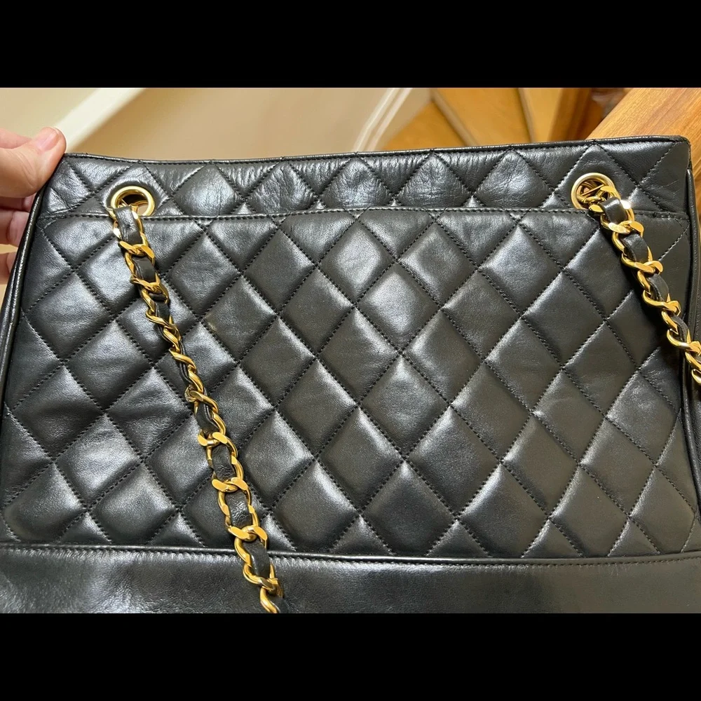 Vintage CHANEL Black Quilted Leather Shoulder Bag with 24K Gold Chain Straps - Picture 12 of 16